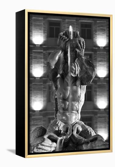 Italy, Rome, Fountain, Fontana Del Tritone, Fountain Figure, Sea God, Detail, Lighting, Night, S/W-Rainer Mirau-Framed Premier Image Canvas