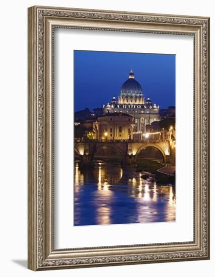 Italy, Rome, St. Peters Basilica, Tiber River night scene.-Jaynes Gallery-Framed Photographic Print