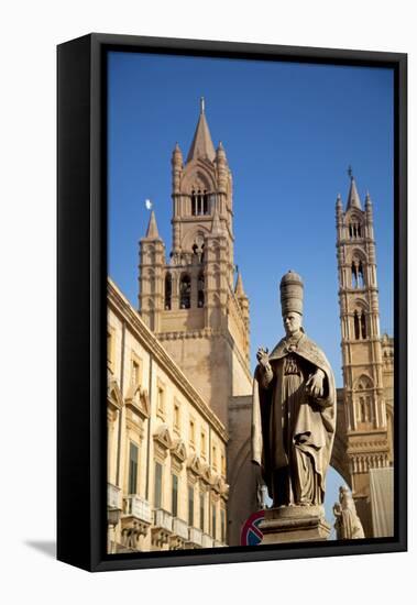 Italy, Sicily, Palermo. Detail of Statue in Front of the Cathedral.-Ken Scicluna-Framed Premier Image Canvas