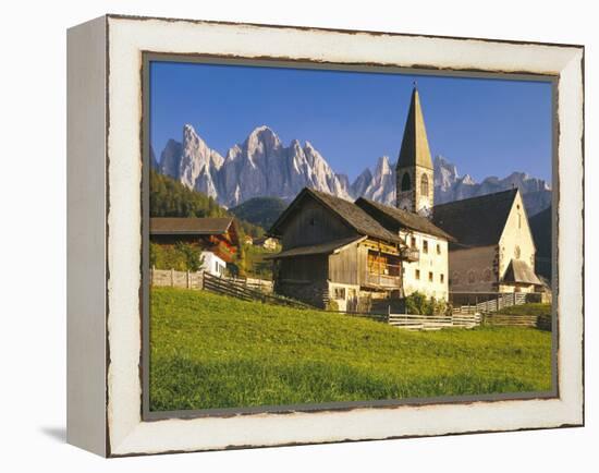 Italy, South Tyrol, Villn?Tal, St. Magdalena, Church, Mountains, 'Geislerspitzen'-Thonig-Framed Premier Image Canvas