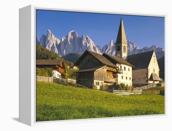 Italy, South Tyrol, Villn?Tal, St. Magdalena, Church, Mountains, 'Geislerspitzen'-Thonig-Framed Premier Image Canvas