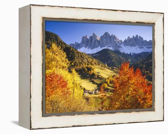 Italy, South Tyrol, Villn?Tal, St. Magdalena, Mountains, 'Geislerspitzen', Autumn-Thonig-Framed Premier Image Canvas