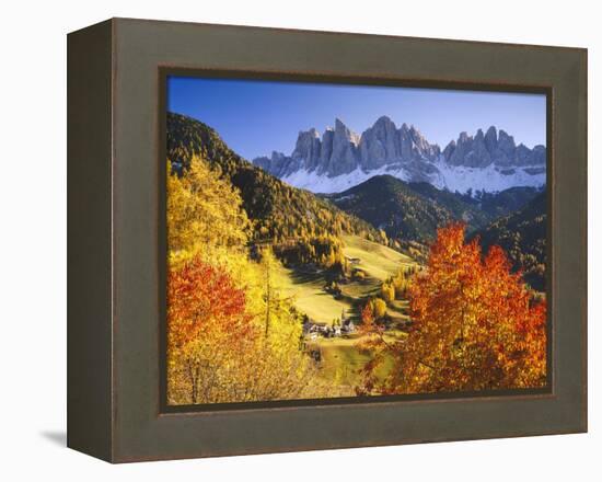 Italy, South Tyrol, Villn?Tal, St. Magdalena, Mountains, 'Geislerspitzen', Autumn-Thonig-Framed Premier Image Canvas