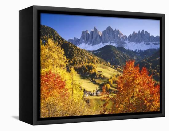 Italy, South Tyrol, Villn?Tal, St. Magdalena, Mountains, 'Geislerspitzen', Autumn-Thonig-Framed Premier Image Canvas