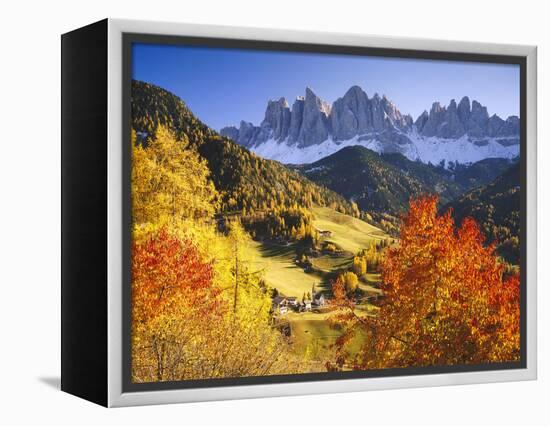 Italy, South Tyrol, Villn?Tal, St. Magdalena, Mountains, 'Geislerspitzen', Autumn-Thonig-Framed Premier Image Canvas