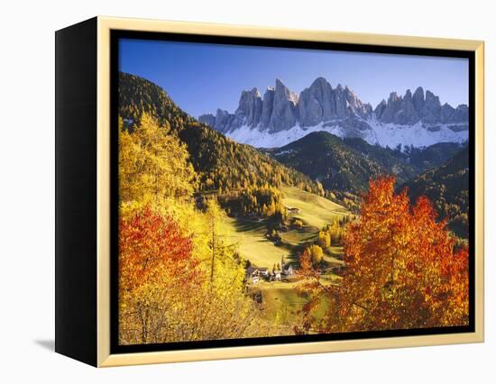 Italy, South Tyrol, Villn?Tal, St. Magdalena, Mountains, 'Geislerspitzen', Autumn-Thonig-Framed Premier Image Canvas