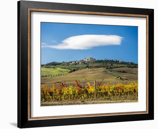 Italy, Tuscany. Colorful vineyards in autumn with blue skies and clouds.-Julie Eggers-Framed Photographic Print