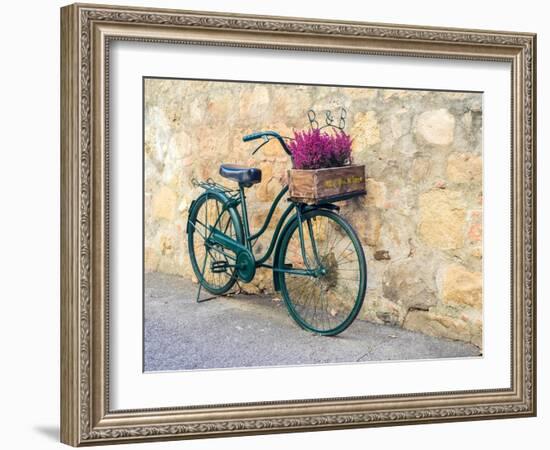 Italy, Tuscany, Monticchiello. Bicycle with bright pink heather in the basket.-Julie Eggers-Framed Photographic Print