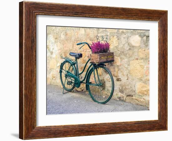 Italy, Tuscany, Monticchiello. Bicycle with bright pink heather in the basket.-Julie Eggers-Framed Photographic Print