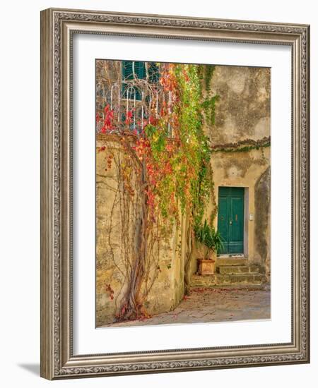 Italy, Tuscany, Monticchiello. Red ivy covering the walls of the buildings.-Julie Eggers-Framed Photographic Print