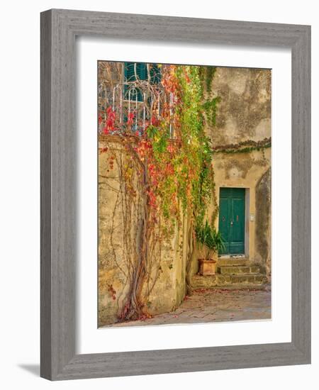 Italy, Tuscany, Monticchiello. Red ivy covering the walls of the buildings.-Julie Eggers-Framed Photographic Print