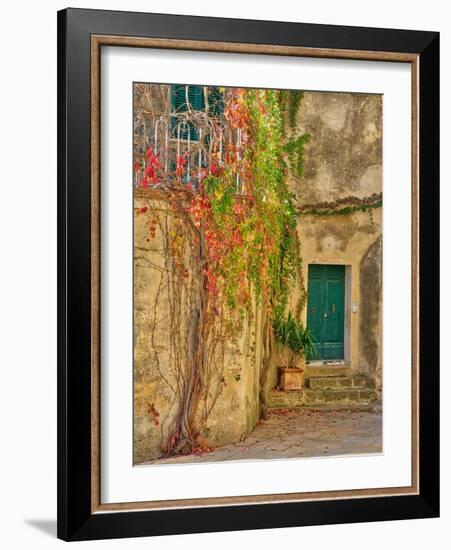 Italy, Tuscany, Monticchiello. Red ivy covering the walls of the buildings.-Julie Eggers-Framed Photographic Print