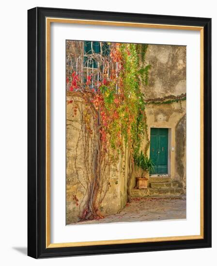 Italy, Tuscany, Monticchiello. Red ivy covering the walls of the buildings.-Julie Eggers-Framed Photographic Print