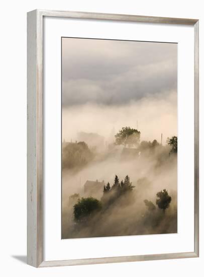 Italy, Tuscany. Morning Fog Drifting over Vineyards with Sun Breaking Through-Brenda Tharp-Framed Photographic Print