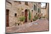 Italy, Tuscany, Pienza. Flower pots and potted plants decorate a narrow street in a Tuscany-Julie Eggers-Mounted Photographic Print