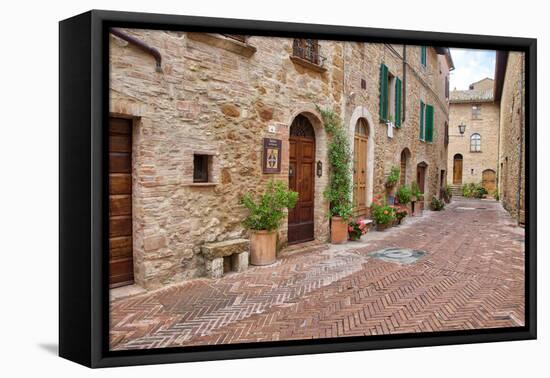 Italy, Tuscany, Pienza. Flower pots and potted plants decorate a narrow street in a Tuscany-Julie Eggers-Framed Premier Image Canvas