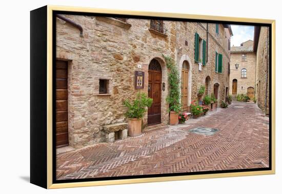 Italy, Tuscany, Pienza. Flower pots and potted plants decorate a narrow street in a Tuscany-Julie Eggers-Framed Premier Image Canvas