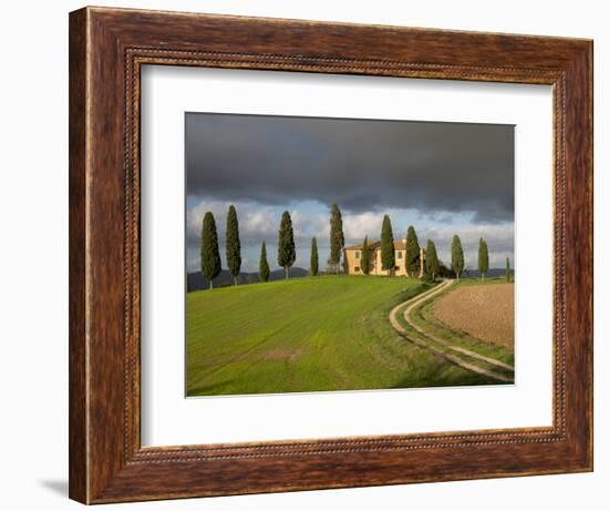 Italy, Tuscany, Pienza. Tuscan Farmhouse with Stormy Clouds-Julie Eggers-Framed Photographic Print