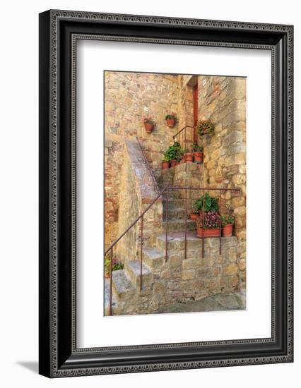 Italy, Val d'Orcia in Tuscany, province of Siena, Monticchiello. Stairs with potted flowers.-Emily Wilson-Framed Photographic Print