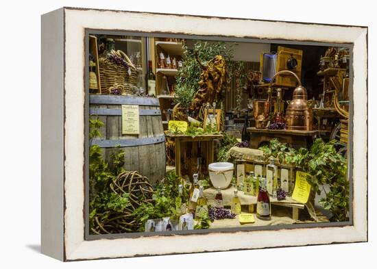 Italy, Veneto, Lake Garda, Malcesine, Old Town, Olive Oil Shop, Shop-Window-Udo Siebig-Framed Premier Image Canvas