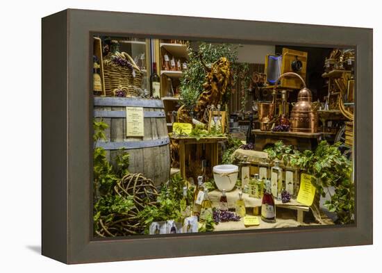 Italy, Veneto, Lake Garda, Malcesine, Old Town, Olive Oil Shop, Shop-Window-Udo Siebig-Framed Premier Image Canvas