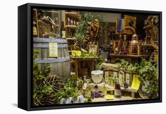 Italy, Veneto, Lake Garda, Malcesine, Old Town, Olive Oil Shop, Shop-Window-Udo Siebig-Framed Premier Image Canvas