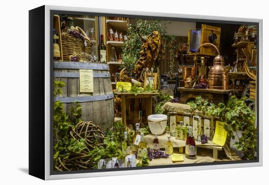 Italy, Veneto, Lake Garda, Malcesine, Old Town, Olive Oil Shop, Shop-Window-Udo Siebig-Framed Premier Image Canvas