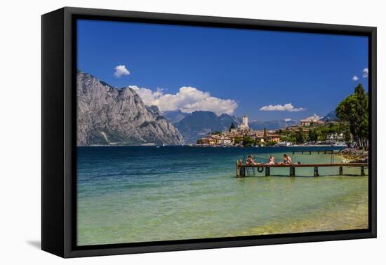 Italy, Veneto, Lake Garda, Malcesine, Townscape with Scaliger Castle-Udo Siebig-Framed Premier Image Canvas