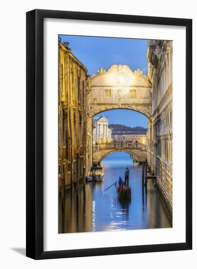 Italy, Veneto, Venice. Bridge of Sighs Illuminated at Dusk with Gondolas-Matteo Colombo-Framed Photographic Print