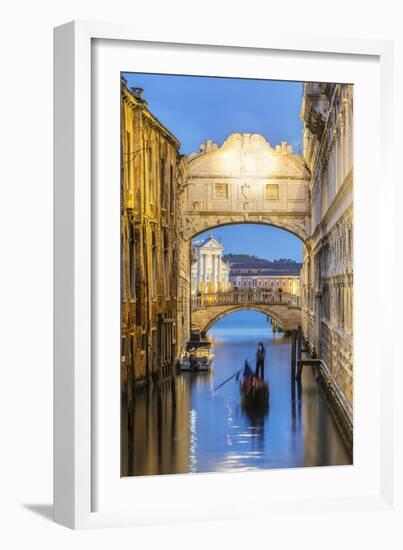 Italy, Veneto, Venice. Bridge of Sighs Illuminated at Dusk with Gondolas-Matteo Colombo-Framed Photographic Print