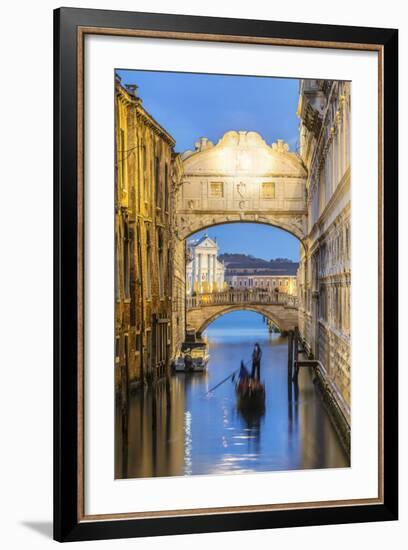 Italy, Veneto, Venice. Bridge of Sighs Illuminated at Dusk with Gondolas-Matteo Colombo-Framed Photographic Print