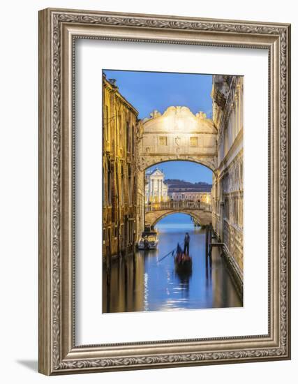 Italy, Veneto, Venice. Bridge of Sighs Illuminated at Dusk with Gondolas-Matteo Colombo-Framed Photographic Print