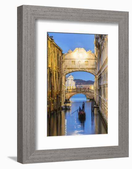 Italy, Veneto, Venice. Bridge of Sighs Illuminated at Dusk with Gondolas-Matteo Colombo-Framed Photographic Print