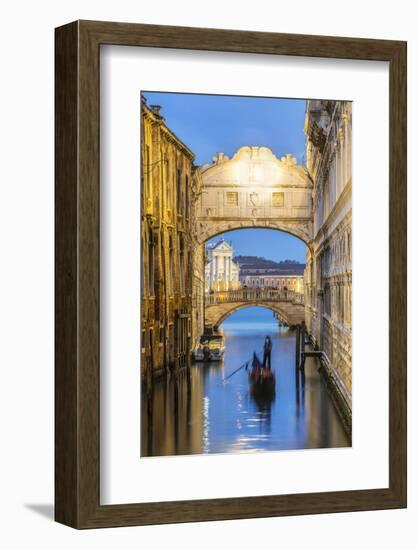 Italy, Veneto, Venice. Bridge of Sighs Illuminated at Dusk with Gondolas-Matteo Colombo-Framed Photographic Print