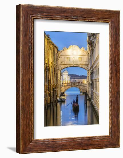 Italy, Veneto, Venice. Bridge of Sighs Illuminated at Dusk with Gondolas-Matteo Colombo-Framed Photographic Print