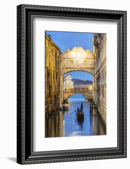 Italy, Veneto, Venice. Bridge of Sighs Illuminated at Dusk with Gondolas-Matteo Colombo-Framed Photographic Print