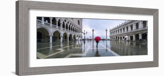 Italy, Veneto, Venice. Woman with Red Umbrella in Front of Doges Palace with Acqua Alta (Mr)-Matteo Colombo-Framed Photographic Print