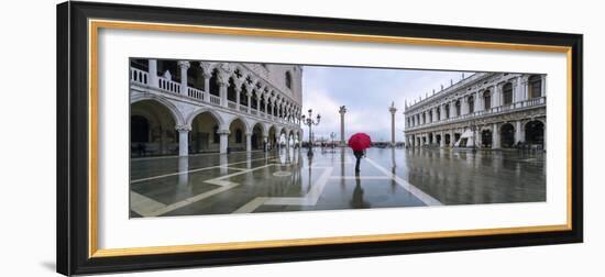 Italy, Veneto, Venice. Woman with Red Umbrella in Front of Doges Palace with Acqua Alta (Mr)-Matteo Colombo-Framed Photographic Print