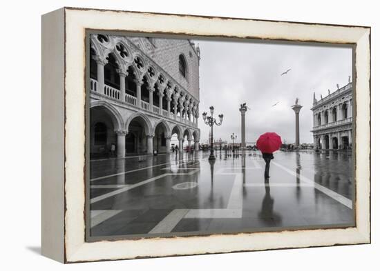 Italy, Veneto, Venice. Woman with Red Umbrella in Front of Doges Palace with Acqua Alta (Mr)-Matteo Colombo-Framed Premier Image Canvas