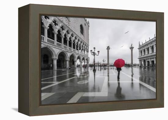 Italy, Veneto, Venice. Woman with Red Umbrella in Front of Doges Palace with Acqua Alta (Mr)-Matteo Colombo-Framed Premier Image Canvas