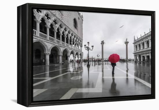 Italy, Veneto, Venice. Woman with Red Umbrella in Front of Doges Palace with Acqua Alta (Mr)-Matteo Colombo-Framed Premier Image Canvas