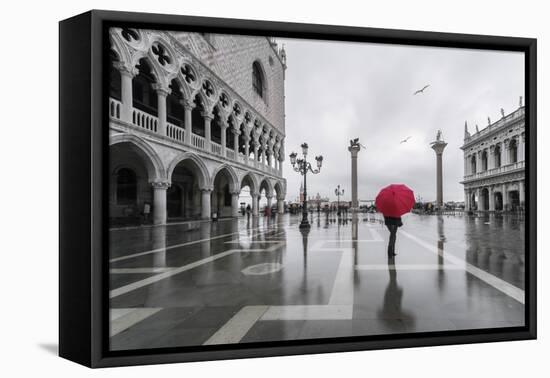 Italy, Veneto, Venice. Woman with Red Umbrella in Front of Doges Palace with Acqua Alta (Mr)-Matteo Colombo-Framed Premier Image Canvas