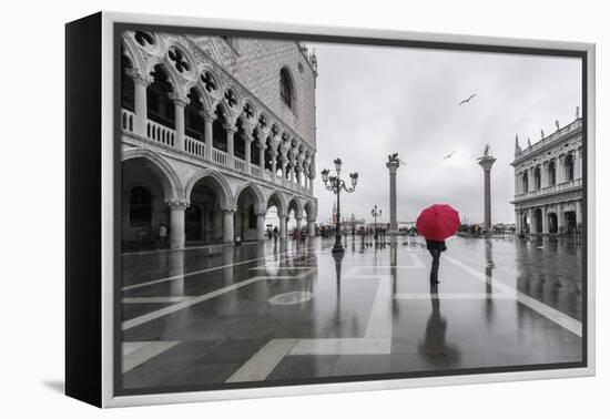 Italy, Veneto, Venice. Woman with Red Umbrella in Front of Doges Palace with Acqua Alta (Mr)-Matteo Colombo-Framed Premier Image Canvas