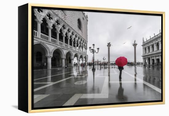 Italy, Veneto, Venice. Woman with Red Umbrella in Front of Doges Palace with Acqua Alta (Mr)-Matteo Colombo-Framed Premier Image Canvas