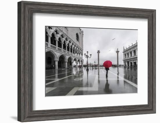 Italy, Veneto, Venice. Woman with Red Umbrella in Front of Doges Palace with Acqua Alta (Mr)-Matteo Colombo-Framed Photographic Print