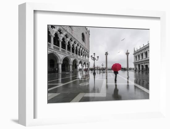 Italy, Veneto, Venice. Woman with Red Umbrella in Front of Doges Palace with Acqua Alta (Mr)-Matteo Colombo-Framed Photographic Print