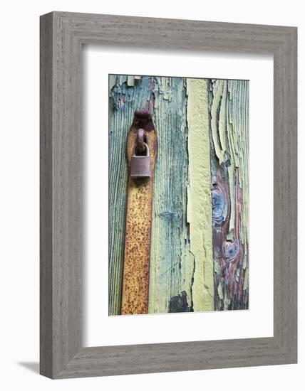 Italy, Venice, Burano Island. Patterns of peeling paint and padlock on old wooden doors.-Julie Eggers-Framed Photographic Print