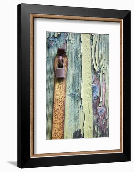 Italy, Venice, Burano Island. Patterns of peeling paint and padlock on old wooden doors.-Julie Eggers-Framed Photographic Print