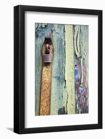 Italy, Venice, Burano Island. Patterns of peeling paint and padlock on old wooden doors.-Julie Eggers-Framed Photographic Print