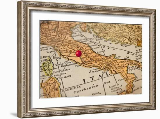 Italy Vintage 1920S Map (Printed In 1926 - Copyrights Expired) With A Red Pushpin On Rome-PixelsAway-Framed Art Print
